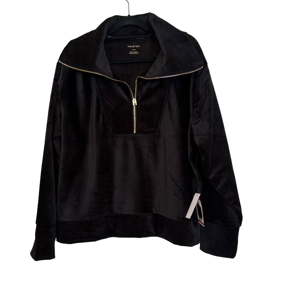Halston Velour Quarter Zip Pullover Black‎ Ribbed Sweatshirt XL NWT